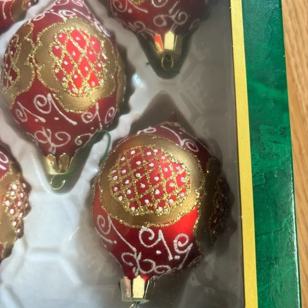 Vintage 70's Commodore Christmas Ornaments: Red & Gold Swirls, Set of 5 Glass